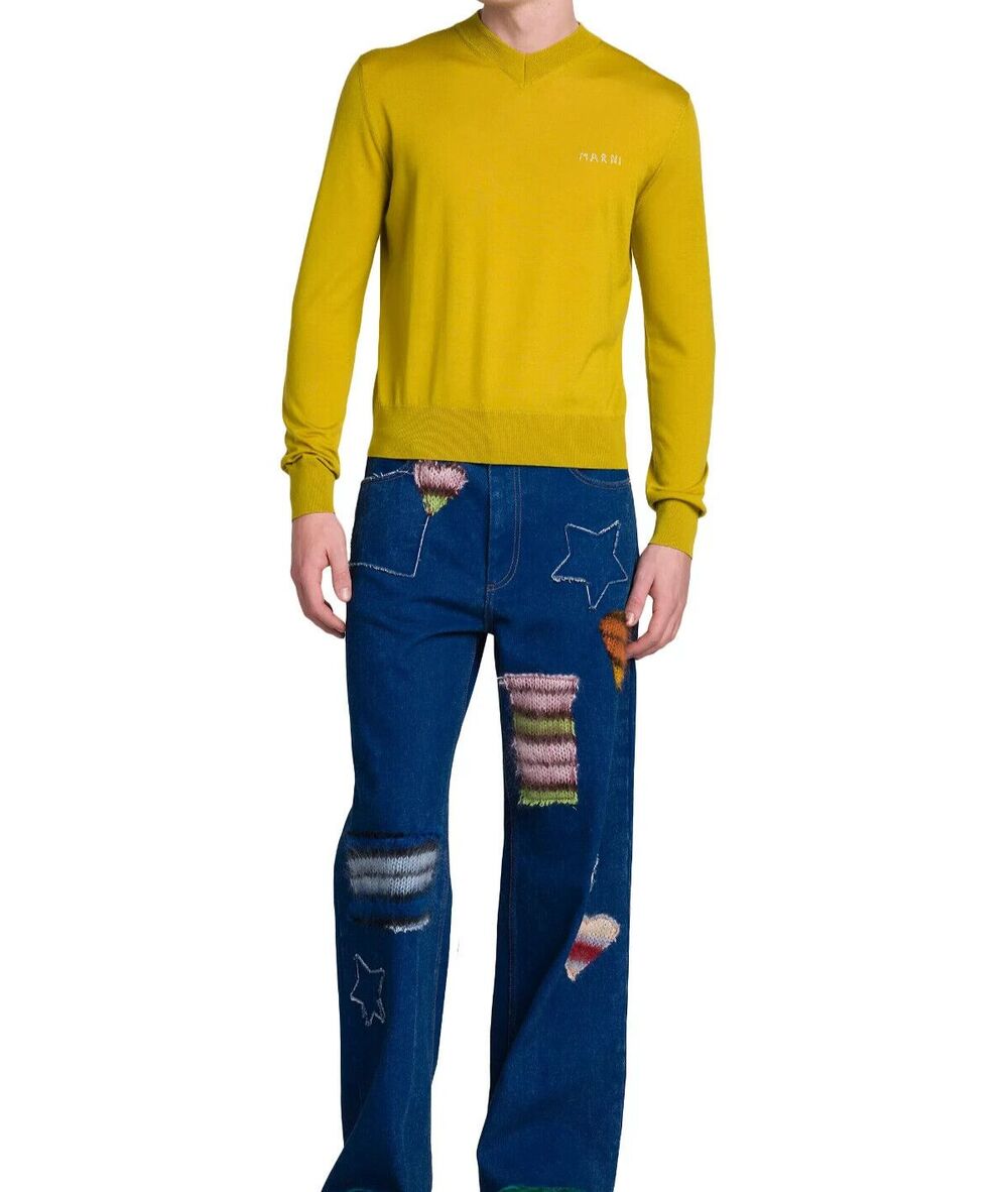 MARNI Jeans Mens Size 34 Medium Wash Wide Leg Relaxed Mohair Patch Heart $1050